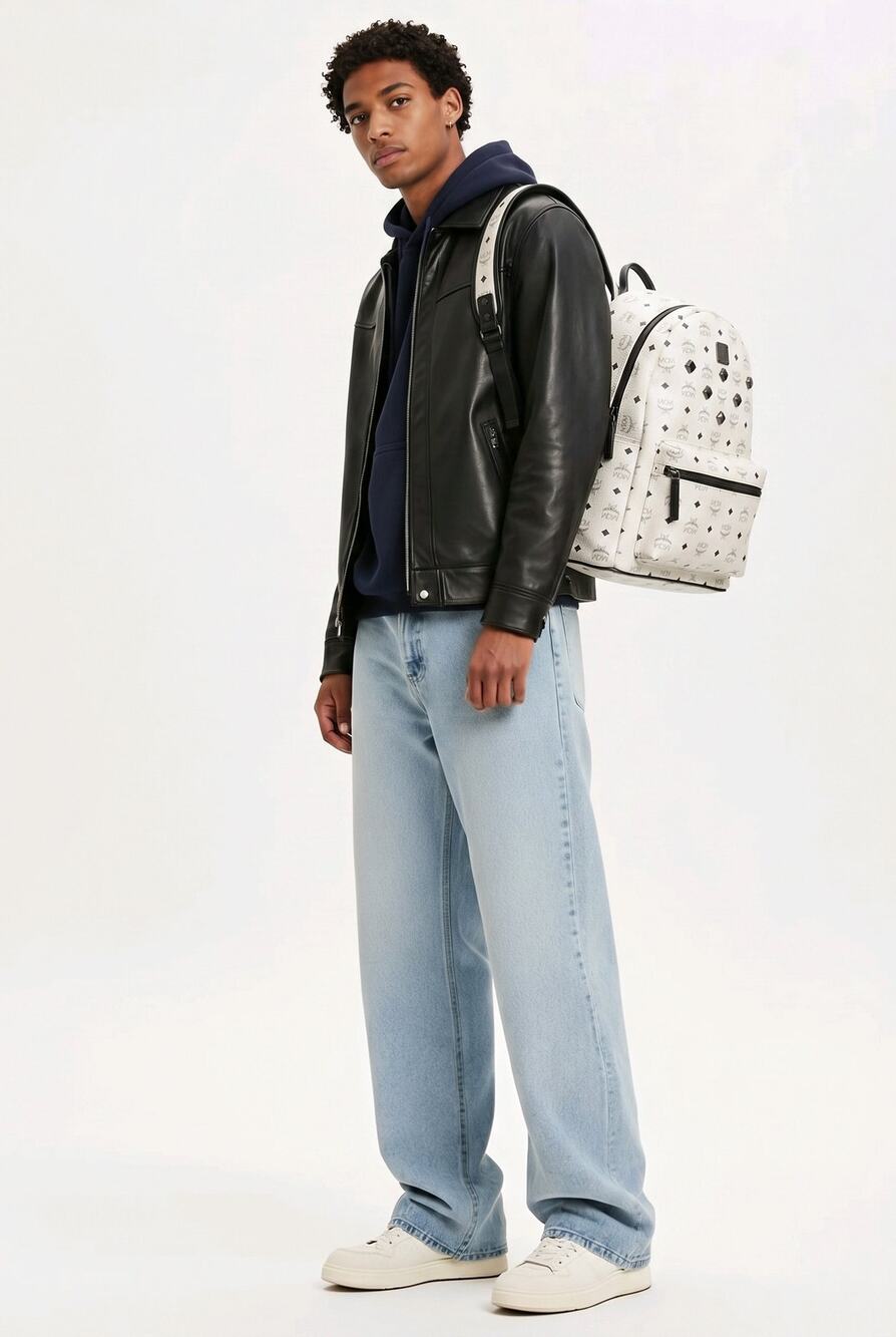 Authentic MCM White & Black Leather Visetos Book Bag